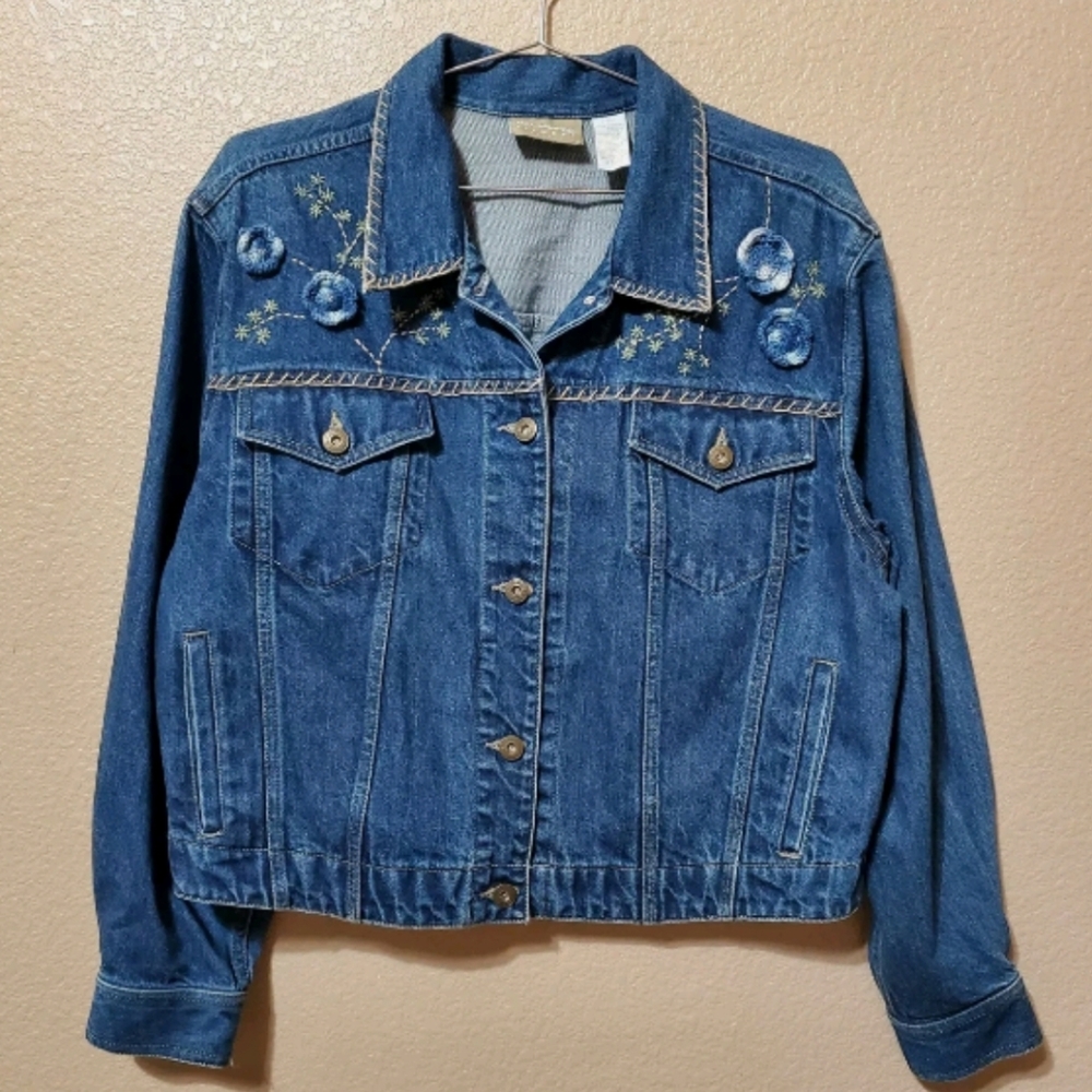 Liz Claiborne Floral Embroidered Denim Jacket Sz L